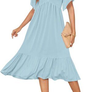 Women's Summer Empire Waist Dress Smocked Flutter Short Sleeve V Neck Midi Dress